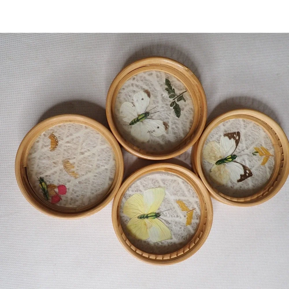 Vintage Bamboo Butterfly and Floral Coasters Set of 4 Natural Boho Decor Retro